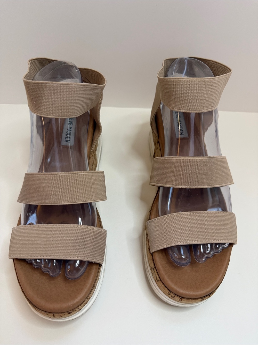 Steve Madden Neutral Tan Elastic Strap Cork Wedge Sandals Size 9
